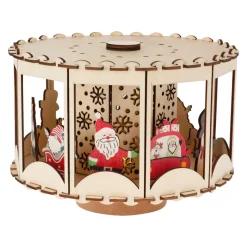 Village De Noël En Bois|KOOPMAN Village de Noël en bois animé et lumineux à piles (20 x H14 cm) Carrousel enchanté Naturel