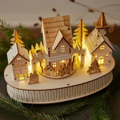 Déco Et Objet De Noël|Village De Noël En Bois|KAEMINGK Village de Noël en bois lumineux et musical à piles (22 x H15 cm) Ville de lumière