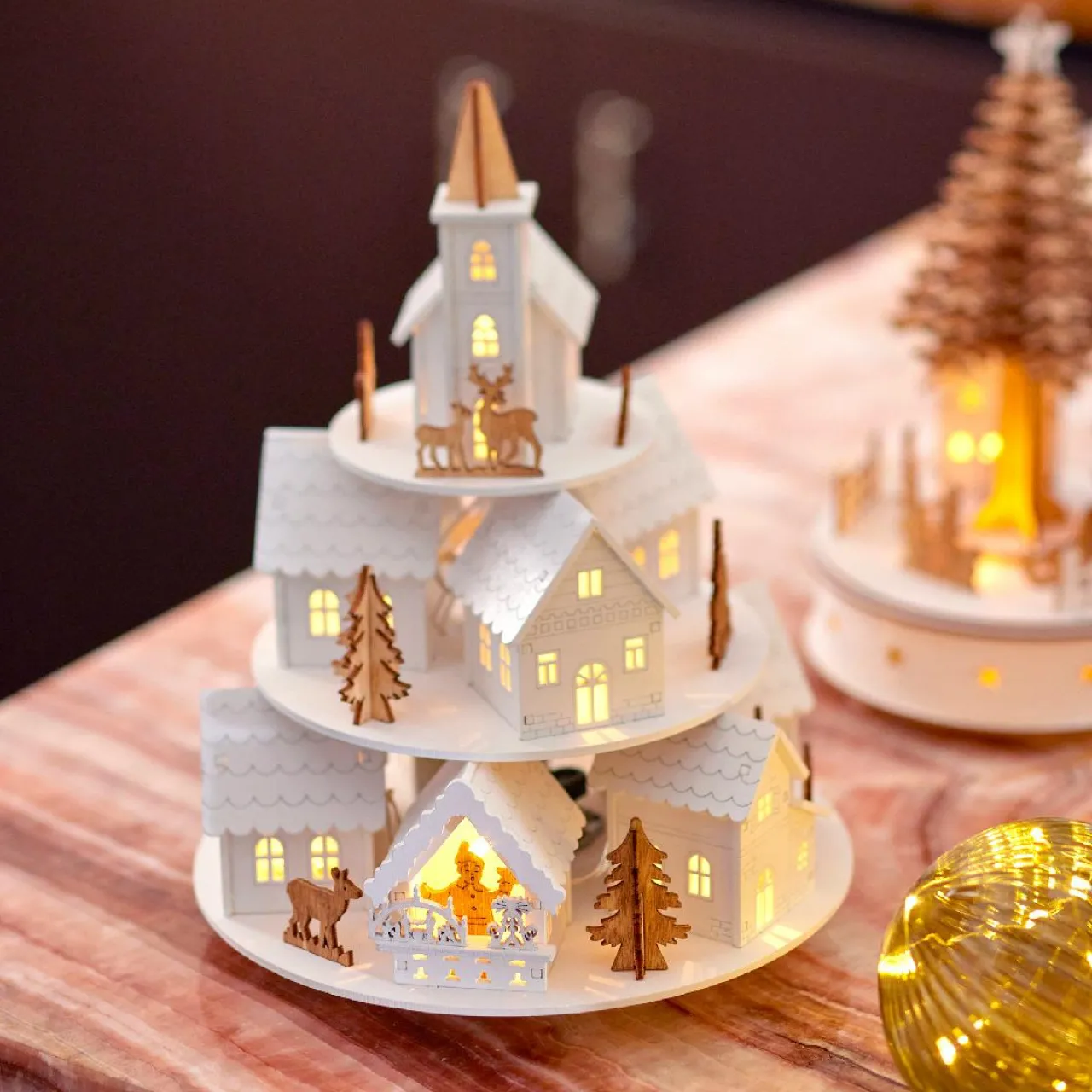 Déco Et Objet De Noël|Déco Et Objet Lumineux|KAEMINGK Village de Noël en bois lumineux et musical à piles (H28 cm) Maisons sur colline