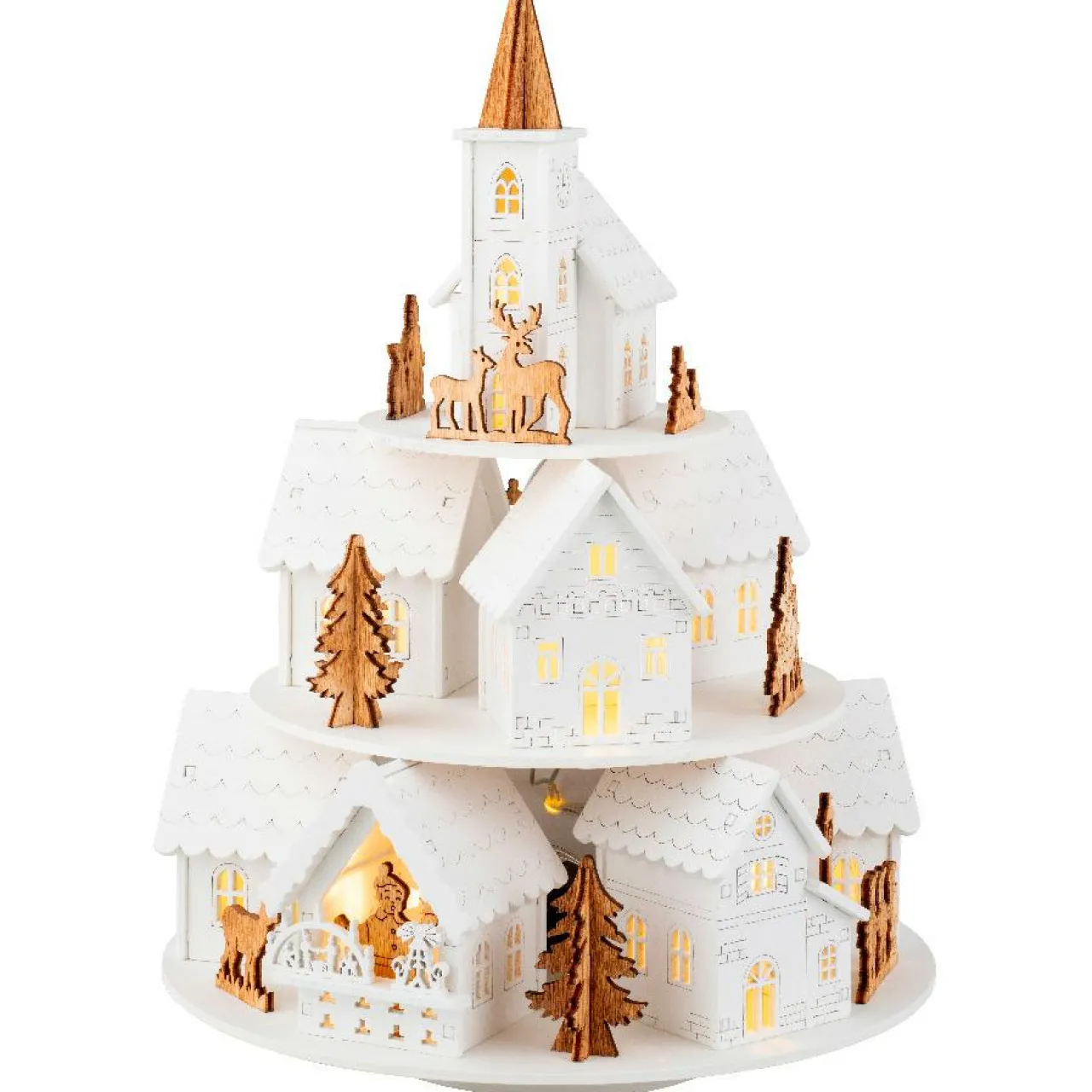 Déco Et Objet De Noël|Déco Et Objet Lumineux|KAEMINGK Village de Noël en bois lumineux et musical à piles (H28 cm) Maisons sur colline