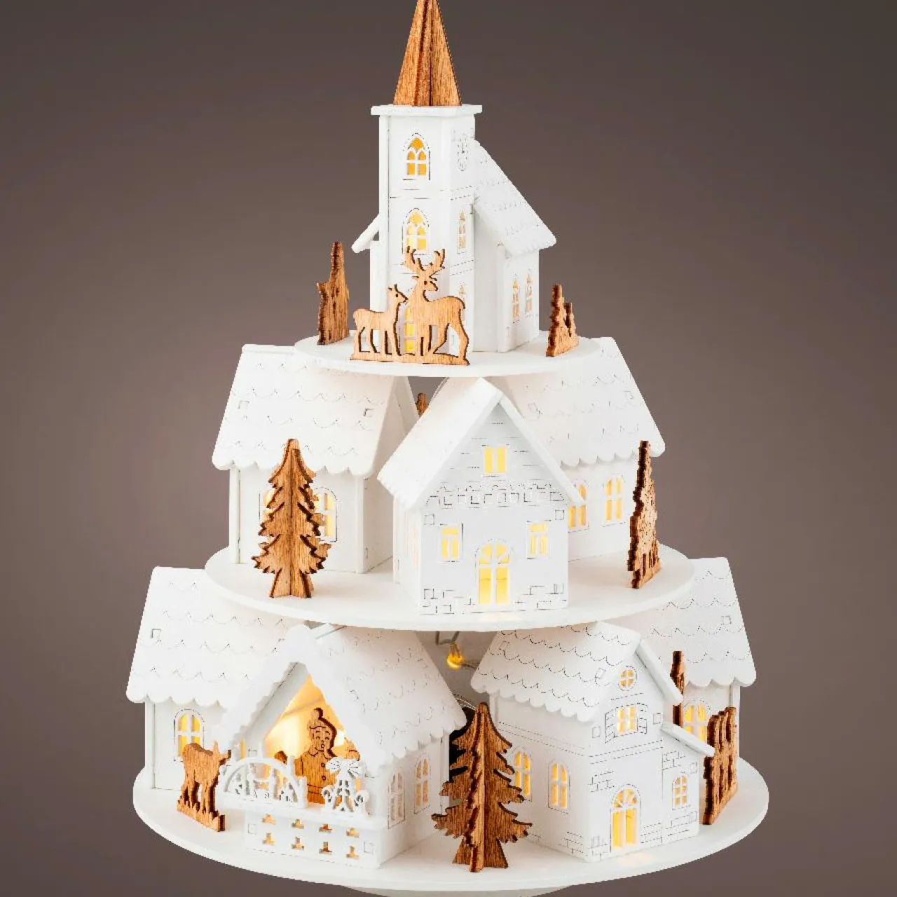 Déco Et Objet De Noël|Déco Et Objet Lumineux|KAEMINGK Village de Noël en bois lumineux et musical à piles (H28 cm) Maisons sur colline