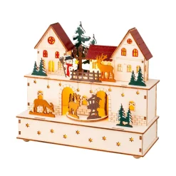 Village De Noël En Bois|KAEMINGK Village de Noël en bois lumineux et musical à piles (24 x H21 cm) Village et animaux