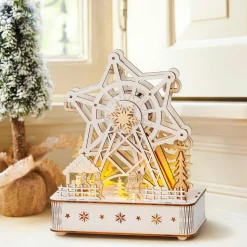 Village De Noël En Bois|Déco Et Objet Lumineux|KAEMINGK Village de Noël en bois lumineux et musical à piles (20 x 24 cm) Grande roue Naturel