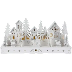 Village De Noël En Bois|KOOPMAN Village de Noël en bois lumineux à piles (29 x H14 cm) Square enchanté Blanc