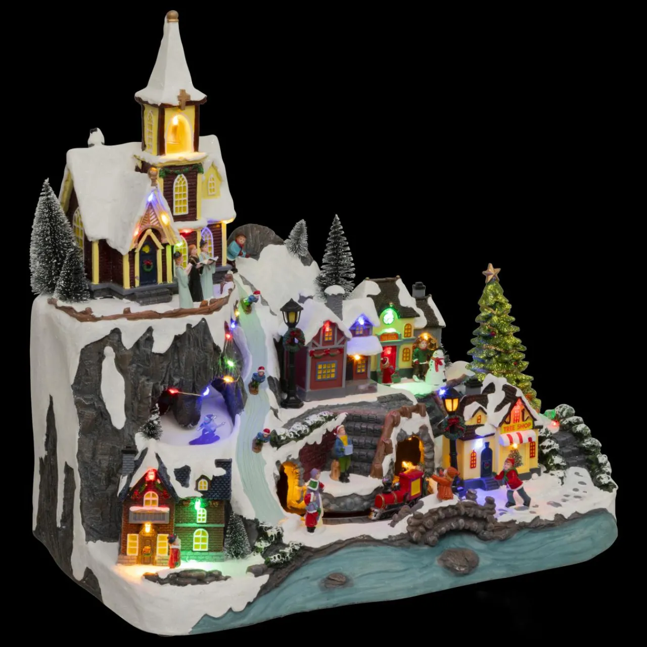 Village De Noël Lumineux|JJA Village de Noël lumineux animé et musical (H45 cm) Grande église et train Multicolore