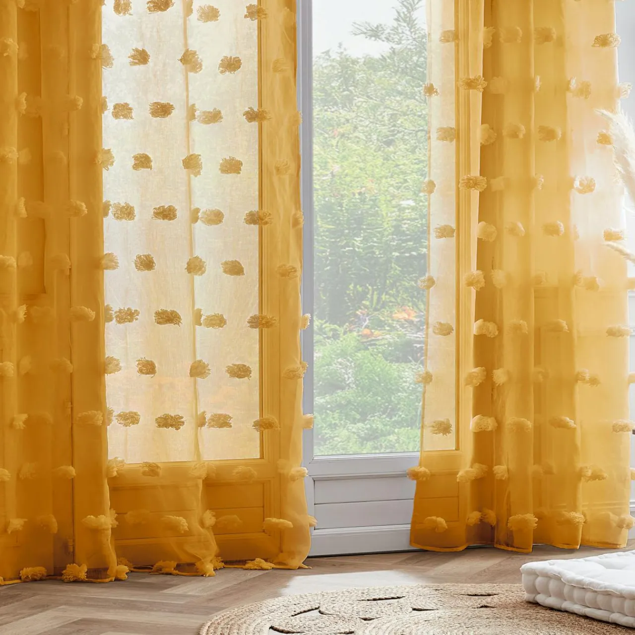 Voilage|EMINZA Voilage oeillets pompons (140 x 240 cm) Suzie Jaune moutarde