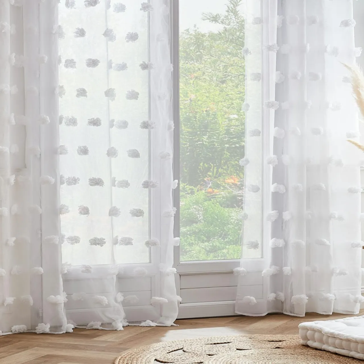 Voilage|EMINZA Voilage oeillets pompons (140 x 240 cm) Suzie Blanc